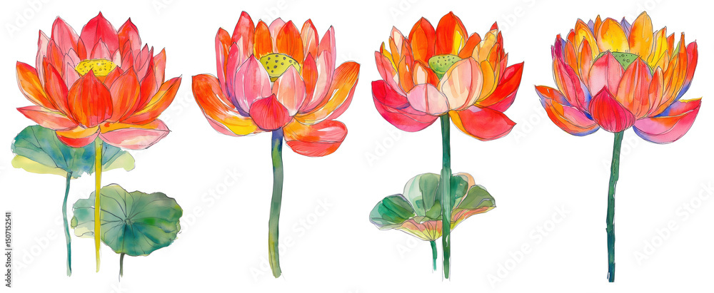Fototapeta premium PNG Vibrant watercolor lotus flowers, element set on transparent background