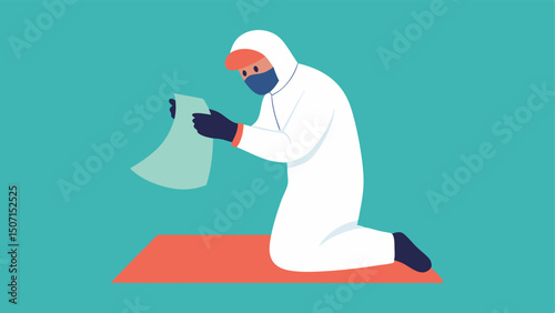 Evidence Collection A forensic scientist in gloves carefully placing a small evidence bag over a piece of fabric with a notepad documenting the collection.