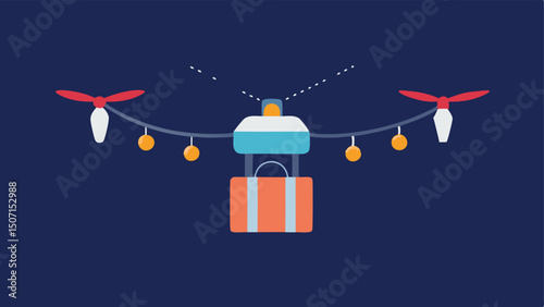 Festive Delivery A closeup of a drone carrying a package wrapped in colorful holiday paper with strings of lights trailing behind it.
