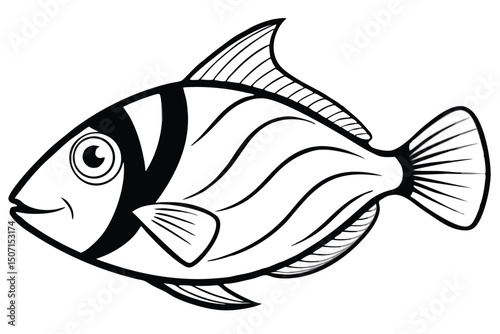 Black and White Cartoon Fish Illustration with Striking Fins and Wavy Body Lines