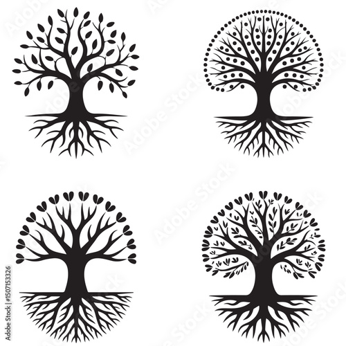 set of black vector family tree silhouette with interconnected branches and roots	