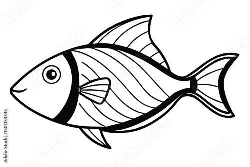 Line Art Illustration Stylized Fish with Striped Body and Fins Design