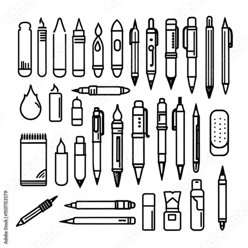 文房具とペンの線画アイコン｜Stationery and Pen Line Icons