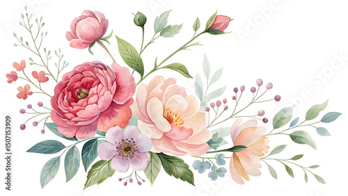 Delicate watercolor floral arrangement with peonies, roses and various foliage elements Transparent PNG