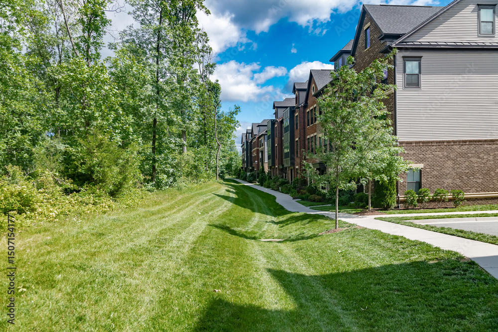 Fototapeta premium sidewalk along rows of modern brick townhouses with landscaping and a large lawn.