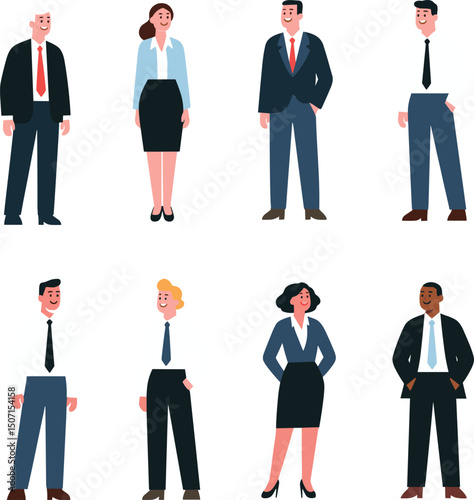 Group of diverse professional business people standing in formal attire, modern flat vector illustration isolated on white background