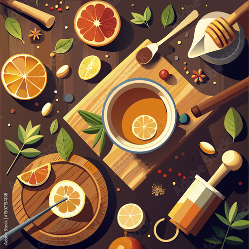 Tea and Citrus Flatlay – Herbal Drink and Fruit Slice Top View Vector