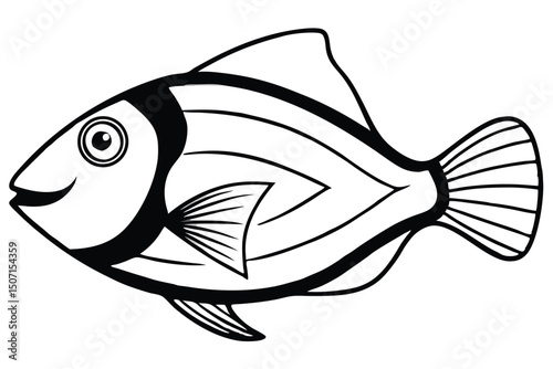 Stylized Fish Illustration Black Outline Depicts a Cartoonish Sea Creature With Detailed Fins