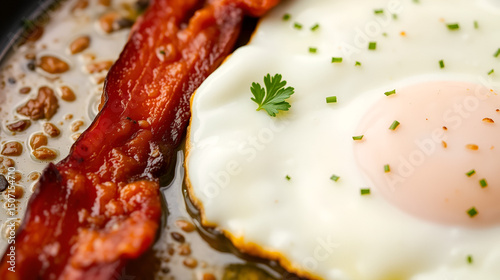 A golden-brown masterpiece: crispy bacon sizzles in a pan while fluffy fried eggs, studded with a few flecks of parsley, complete this breakfast symphony.