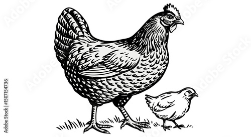 Hen and Chick Line Art Drawing: Black and White Farm Illustration