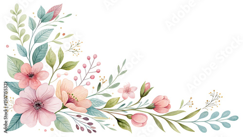 Elegant Watercolor Floral Corner Arrangement with Soft Pink Blossoms and Greenery Transparent PNG