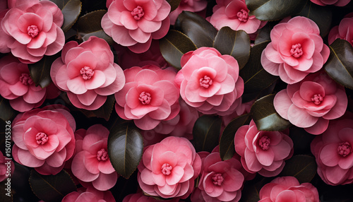Horizontal wall all filled with pink magnolias and leaves. Wedding decoration, Beautiful flower wall background 