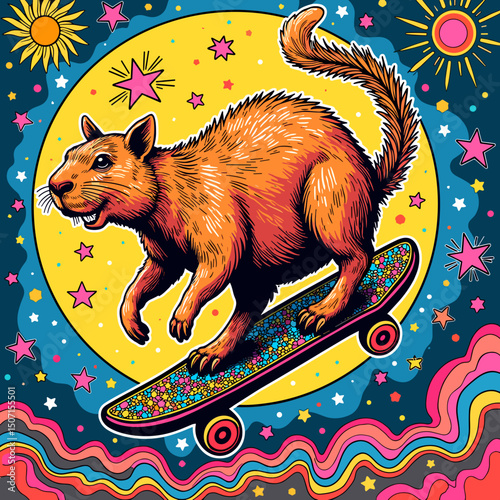 Capybara skating on colorful skateboard in vibrant psychedelic style  