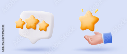 3d yellow stars glossy color icon for game on background. Customer rating feedback from client about employee of UI website concept. 3d star quality icon vector with shadow render illustration