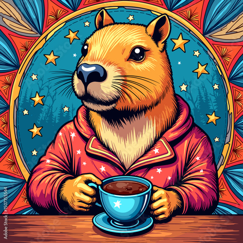 Capybara wearing a hoodie holding a cup of coffee against a colorful background  