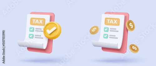 3d tax statistic and wealth management on clipboard checklist. Composition report with financial annual accounting, calculate risk and plan pay invoice. 3d tax strategy vector icon render illustration