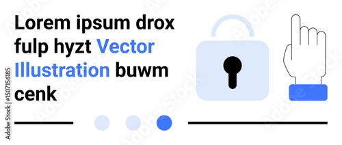 Background features lock icon, finger pointing gesture, dummy text, and progress dots in blue. Ideal for security, authentication, user interface, web design, privacy identity simple landing page