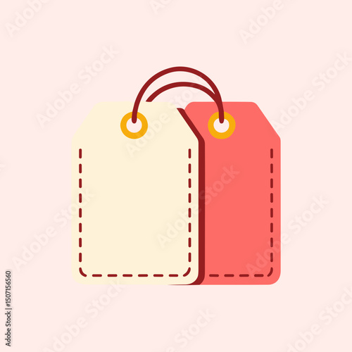 Blank price tags in various colors on a soft pink background  
