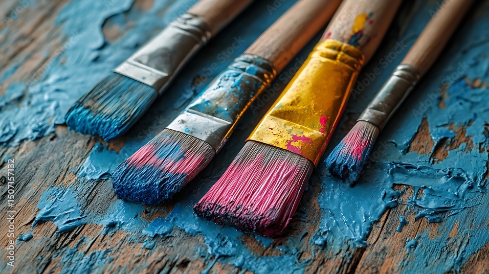 Fototapeta premium Close Focus Old Paintbrushes Color Detail High Resolution Photo