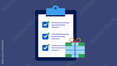 Cyber Monday Checklist A checklist on a clipboard with different gadgets ticked off indicating successful virtual unboxing and shopping achievements.