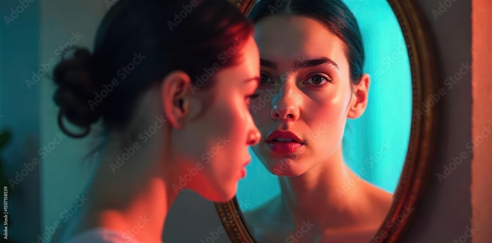 Obraz premium A mirror reflects a blurred image, symbolizing the complexities and uncertainties of self-perception and identity , focus, vague, abstract