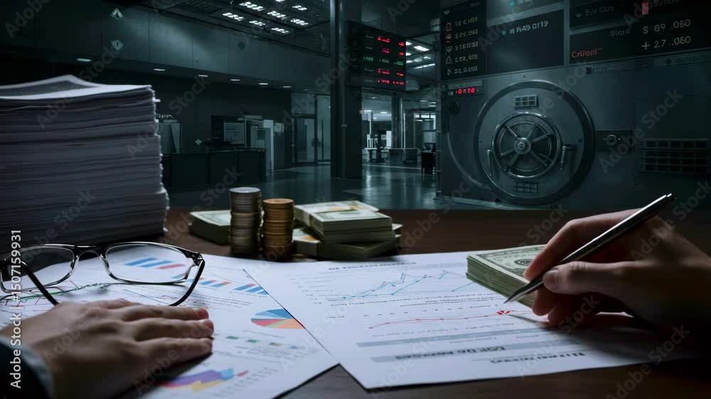 Financial analysis taking place in a secure bank vault with charts, cash, and coins visible