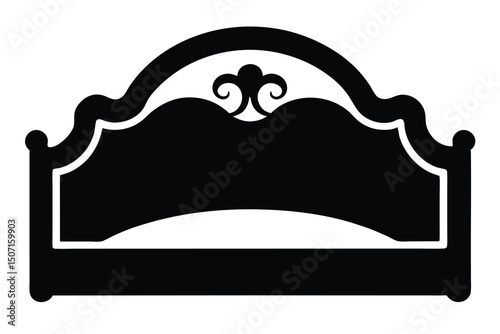 Black Silhouette of Elegant Bed Headboard with Ornate Curlicue Detail and Rounded Posts