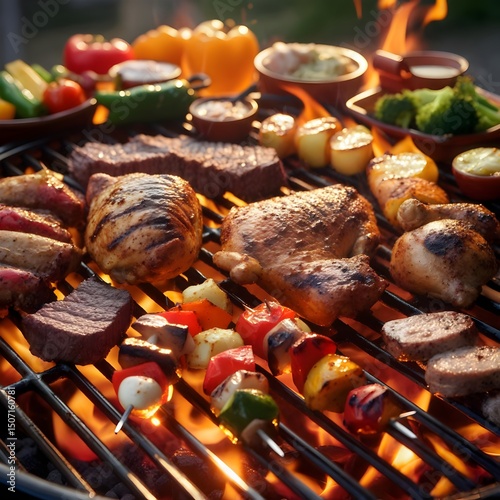 Barbecue grill with assorted meats and vegetables cooking over open flames, delicious summer meal with smoke and char marks photo