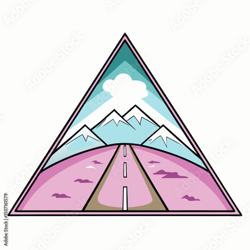 Triangular landscape featuring a road leading to snowy mountains  