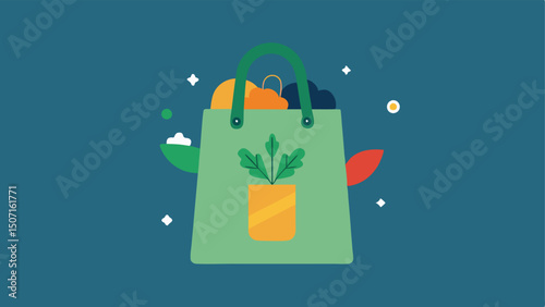 EcoChic Shopping Bag A reusable shopping bag adorned with ecothemed designs filled with clothing items made from organic fabrics with a small Green Friday Sale sign.
