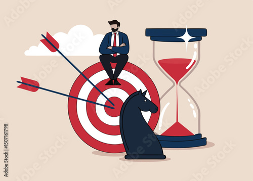 Entrepreneur working with computer sit on target with chess knight and sandglass. Business strategy, planning to achieve goal, management for company growth opportunity, market success goal.