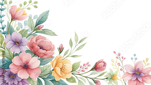 Watercolor floral corner arrangement in pink, purple, and yellow hues with leaves Transparent PNG