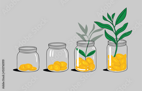 Money growing plant step with deposit coin in bank. Modern vector illustration in flat style