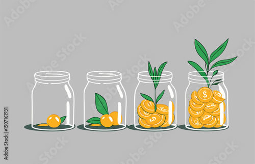 Money growing plant step with deposit coin in bank. Modern vector illustration in flat style
