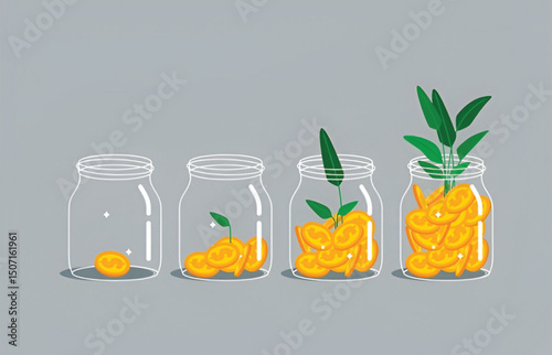 Money growing plant step with deposit coin in bank. Modern vector illustration in flat style