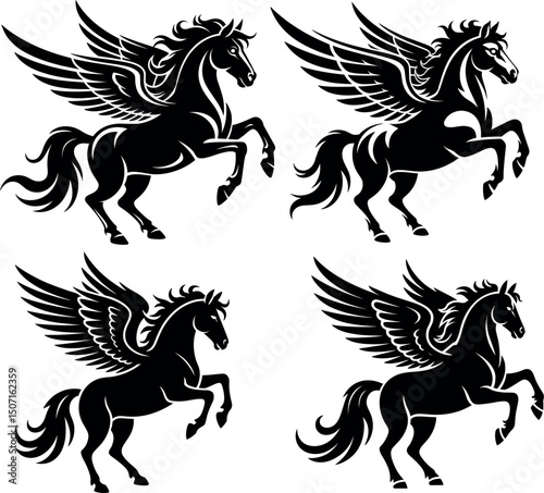 Mythical Pegasus Silhouettes: Four striking black silhouettes of the legendary winged horse, Pegasus, in various dynamic poses, showcasing the creature's majestic presence and grace. 