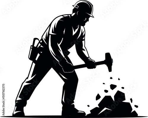 Construction Worker Hard At Work: A construction worker, silhouetted against a backdrop of industry and hard labor, meticulously uses his tools to break ground in a display of dedication and strength.