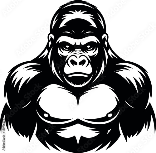 Gorilla Vector Art: Powerful, majestic gorilla vector illustration, perfect for logos, designs, and branding.  Black and white, strong, muscular primate.