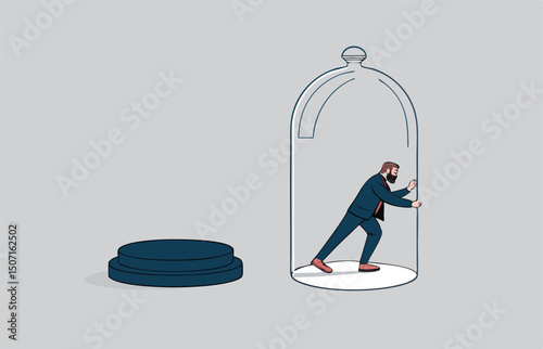 Businessman inside the glass try to push so hard to break boundary. Business constraints or stagnant, prohibition or difficulty prevent from improvement or success.