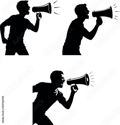 Silhouette Amplifier Announcement: Bold silhouettes of a figure using megaphone, capturing various expressions and announcements. It's a striking display of communication.