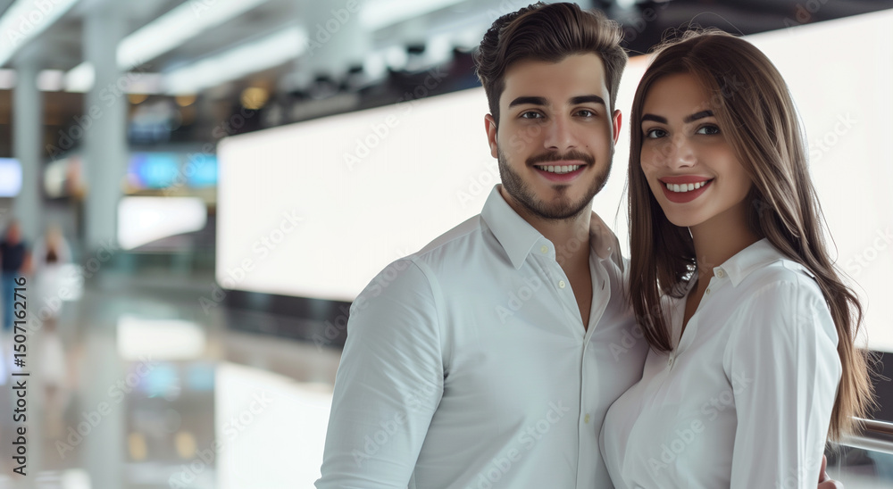 Obraz premium Charming couple smiles together in airport with led screens and billboard