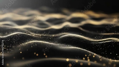 Abstract dark flowing particles with golden light, elegant wave pattern background