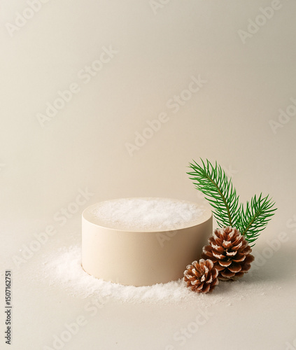 Minimalist Winter Podium Scene – Diagonal Beige Display with Snow-Dusted Pinecones, Cool Off-White Background for Seasonal Skincare Branding