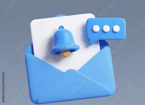 3D Email Notification Icon – Message Alert with Bell and Chat Bubble