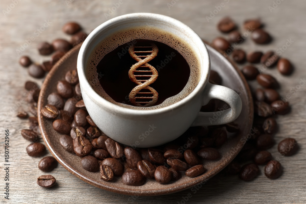 Fototapeta premium A cup of coffee sits on a saucer surrounded by coffee beans. Inside the coffee, a DNA double helix is prominently displayed, symbolizing the link between coffee consumption and longevity
