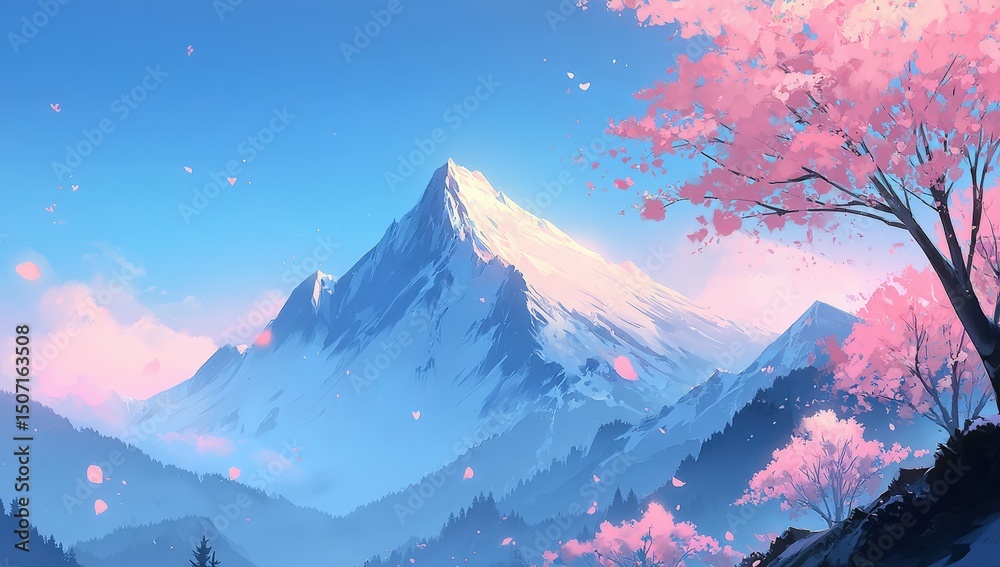 Obraz premium Majestic snow-capped mountain with cherry blossoms in bloom under a clear blue sky, petals drifting in the spring breeze.