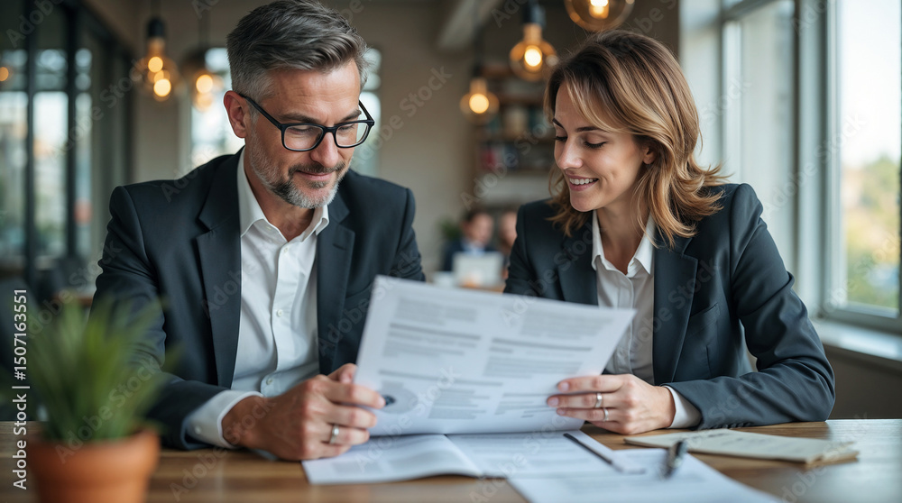 Fototapeta premium Two happy busy middle aged professionals man and woman business leaders partners checking document reading financial report talking working