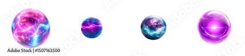 Four glowing magical orbs of power, isolated, cut out transparent