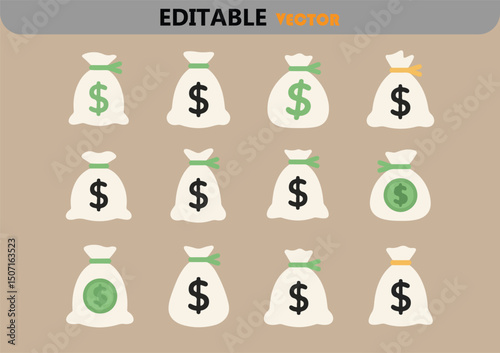 Twelve money bags icons set vector illustration