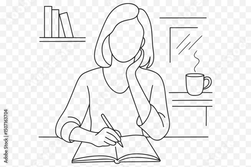 Minimalist Woman Journaling Line Art – Faceless Female Writer with Coffee